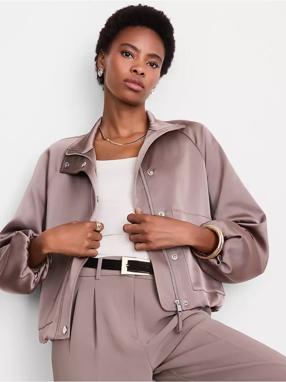 LOFT VERSA Cropped Bomber Jacket - Mauve Taupe